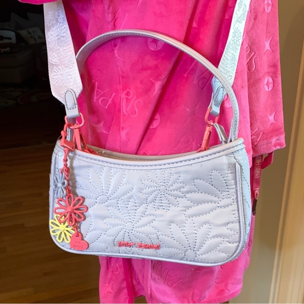 Betsey Johnson Blue Quilted Crossbody Handbag with Floral Embellishments - Picture 11 of 12